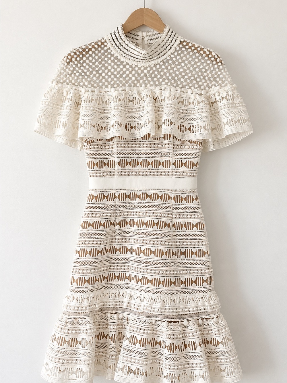 Self-Portrait Ivory Crochet Ruffle Mini Dress